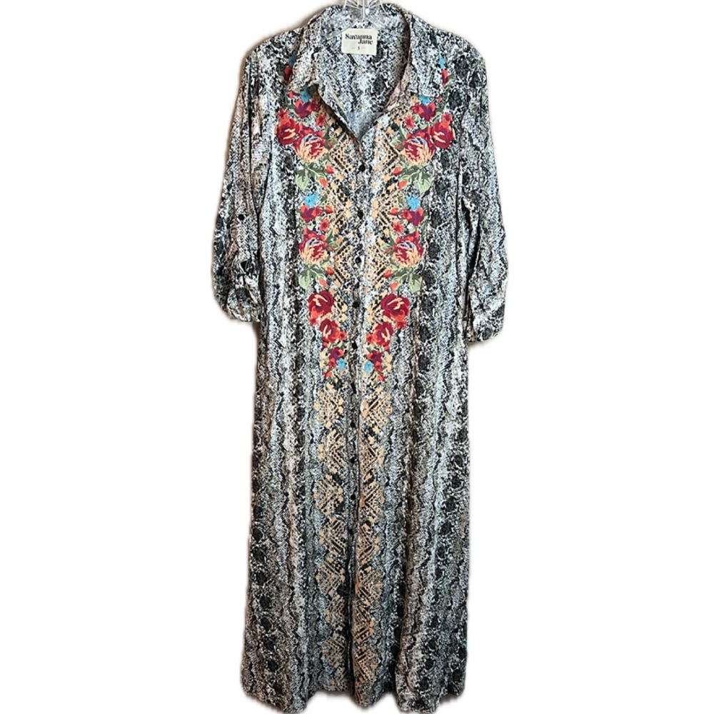 Savanna Jane Small  Button Down Cream Black Bishop Embroidered Boho Duster Dress